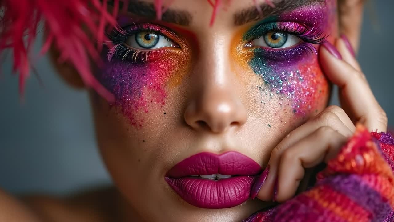 A woman with bright makeup and pink feathers on her head