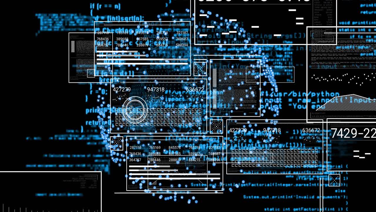 Upon launch glowing blue sphere opening data windows updating panels visualizing data flow