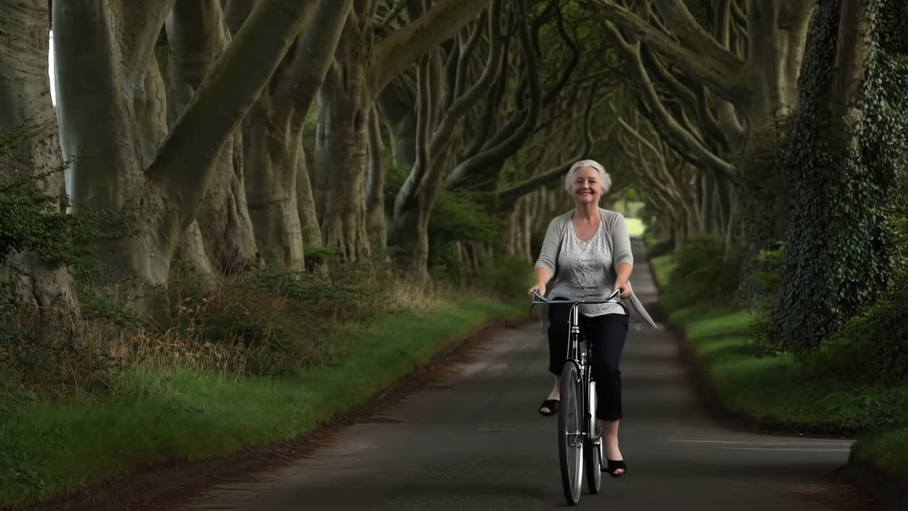 A woman cycling along the iconic Dark Hedges avenue