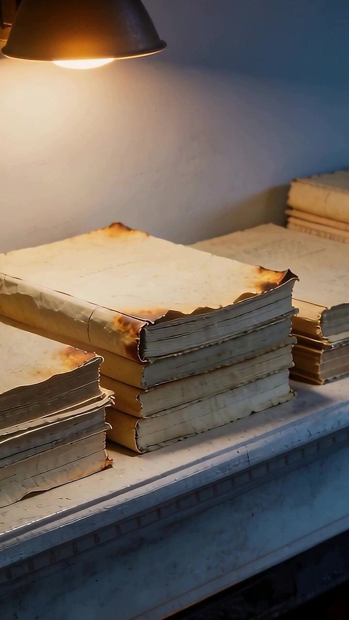 Vertical video: Panning camera revealing antique books on mantel under lamp, showing singed edges