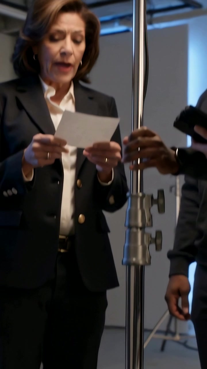 Video verticale: Telecamera in movimento ascendente che mostra un presentatore in blazer che legge una scheda sul set, con la troupe che tiene un C-stand
