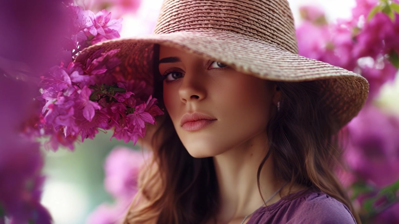 Una giovane donna serena con un elegante cappello di paglia e bellissimi fiori, persa nei pensieri tra vivaci fioriture rosa in un tranquillo ambiente floreale.