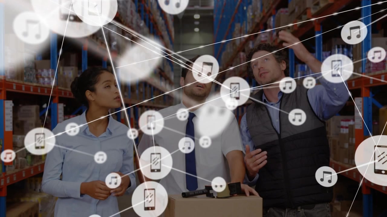 Animation of network of connections with icons over diverse workers in warehouse