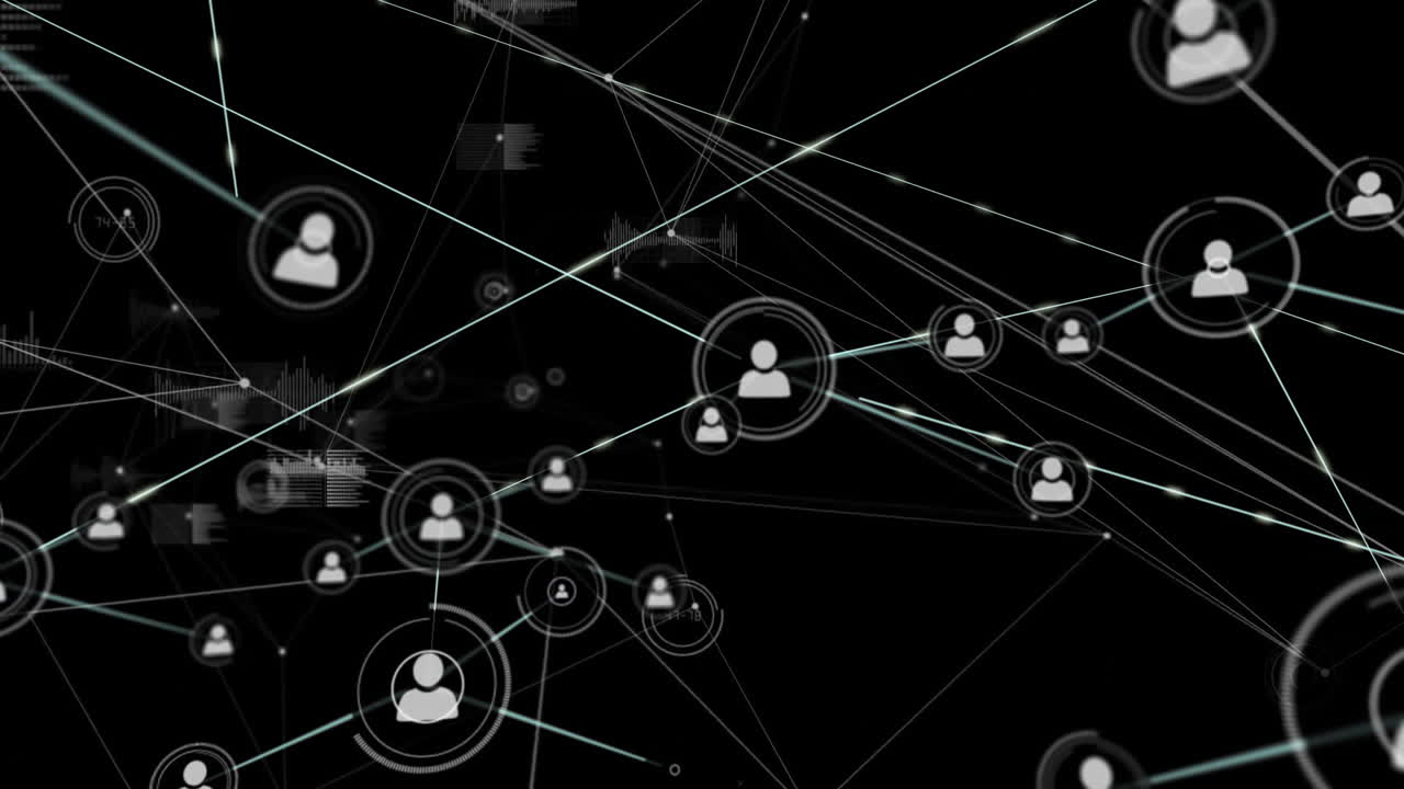 animación de la red de conexiones con iconos sobre fondo negro