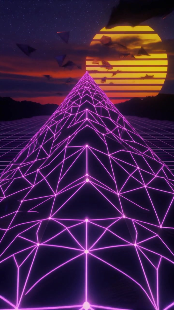 Paesaggio retro synthwave con piramide wireframe viola luminosa e tramonto