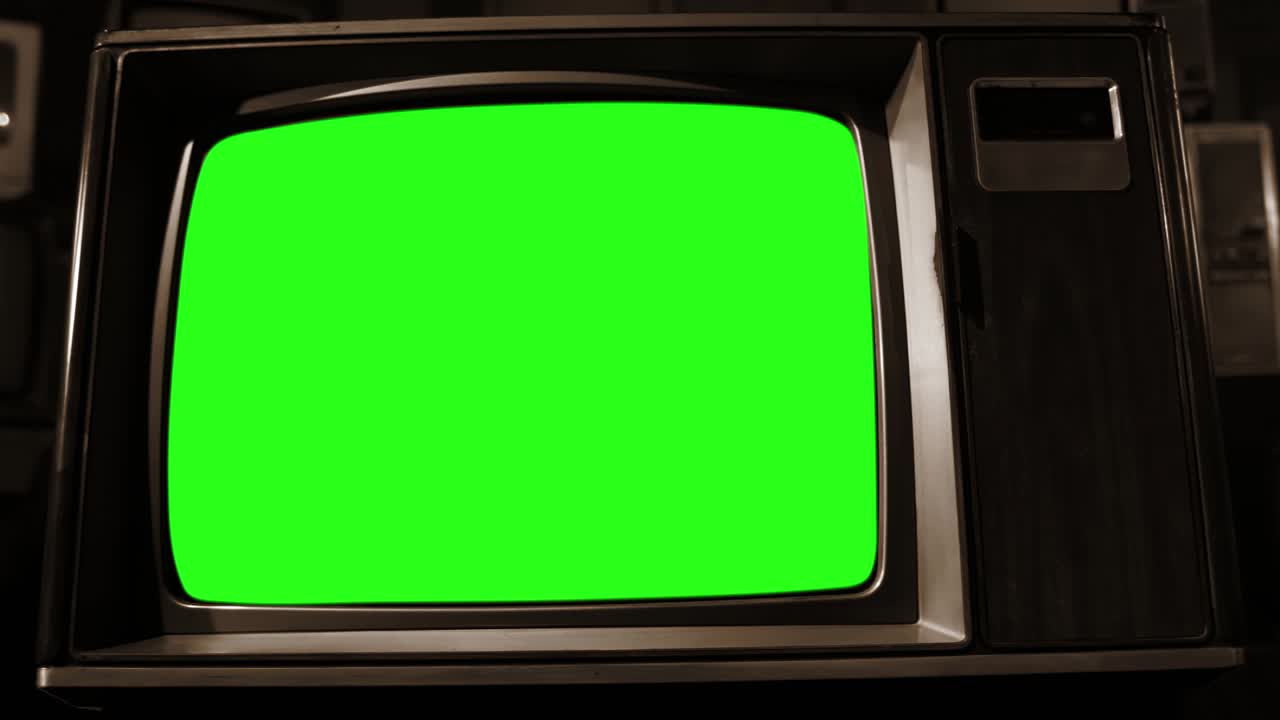 Retro TV Set with Green Screen. Sepia Tone. Dolly In.