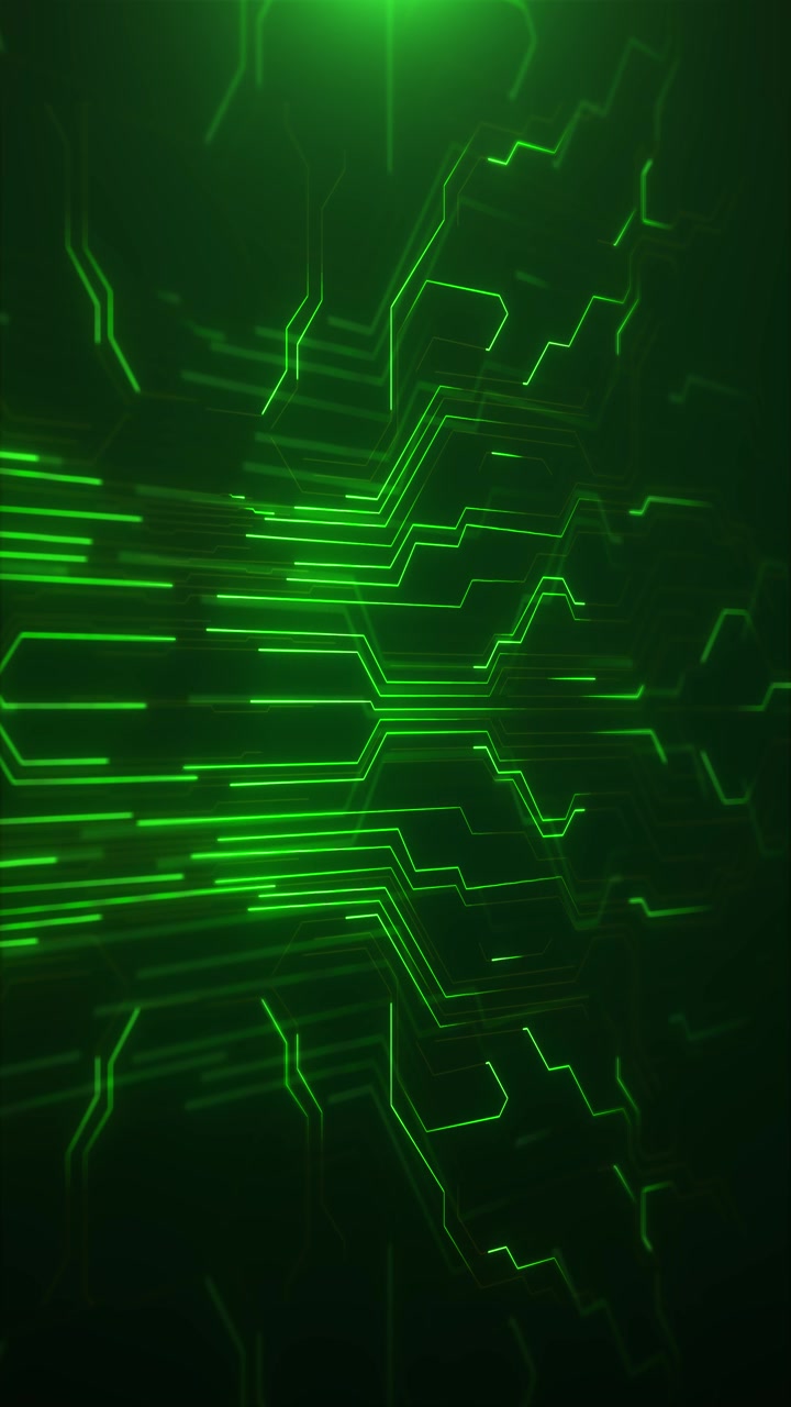 Futuristic neon green cyber circuit lines moving dark tech board with glowing digital paths depth