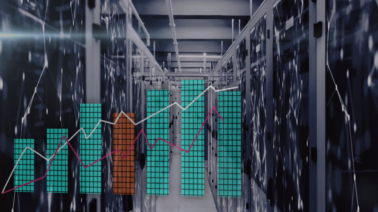 y animación de gráficos de líneas sobre bastidores de servidores de barras en el centro de datos