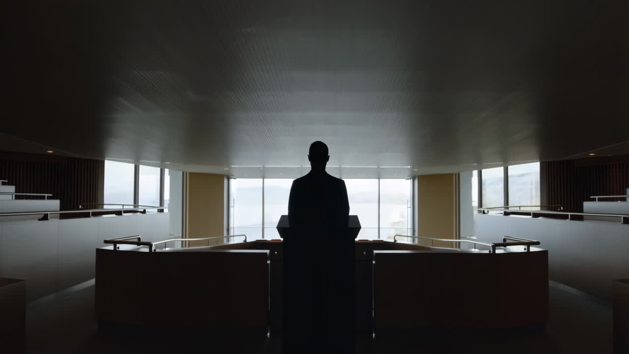 Silhouette of a speaker at a podium