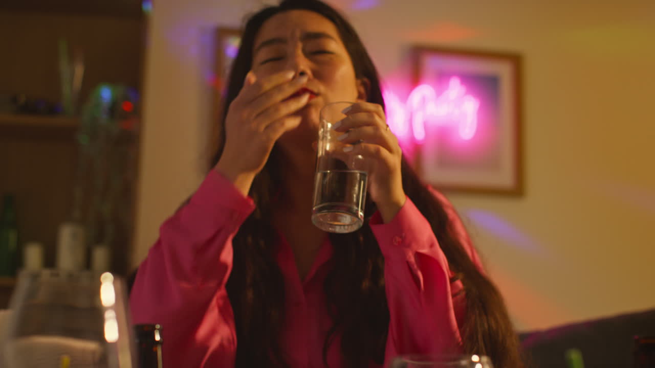 집 파티에서 알코올을 마신 후 소파에 앉아있는 여성은 숙취에 대한 약을 복용합니다.