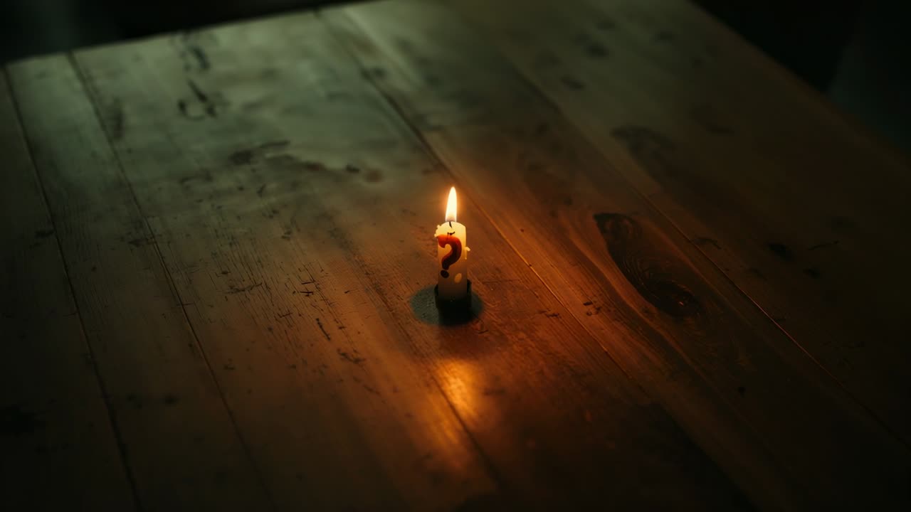 Flickering number 2 wax candle flame reacting to air currents on wooden table, with melted wax