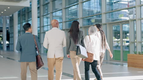 back view, team and business people walking