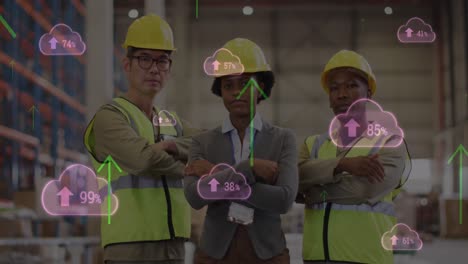 animation of digital clouds and data processing over diverse people working in warehouse