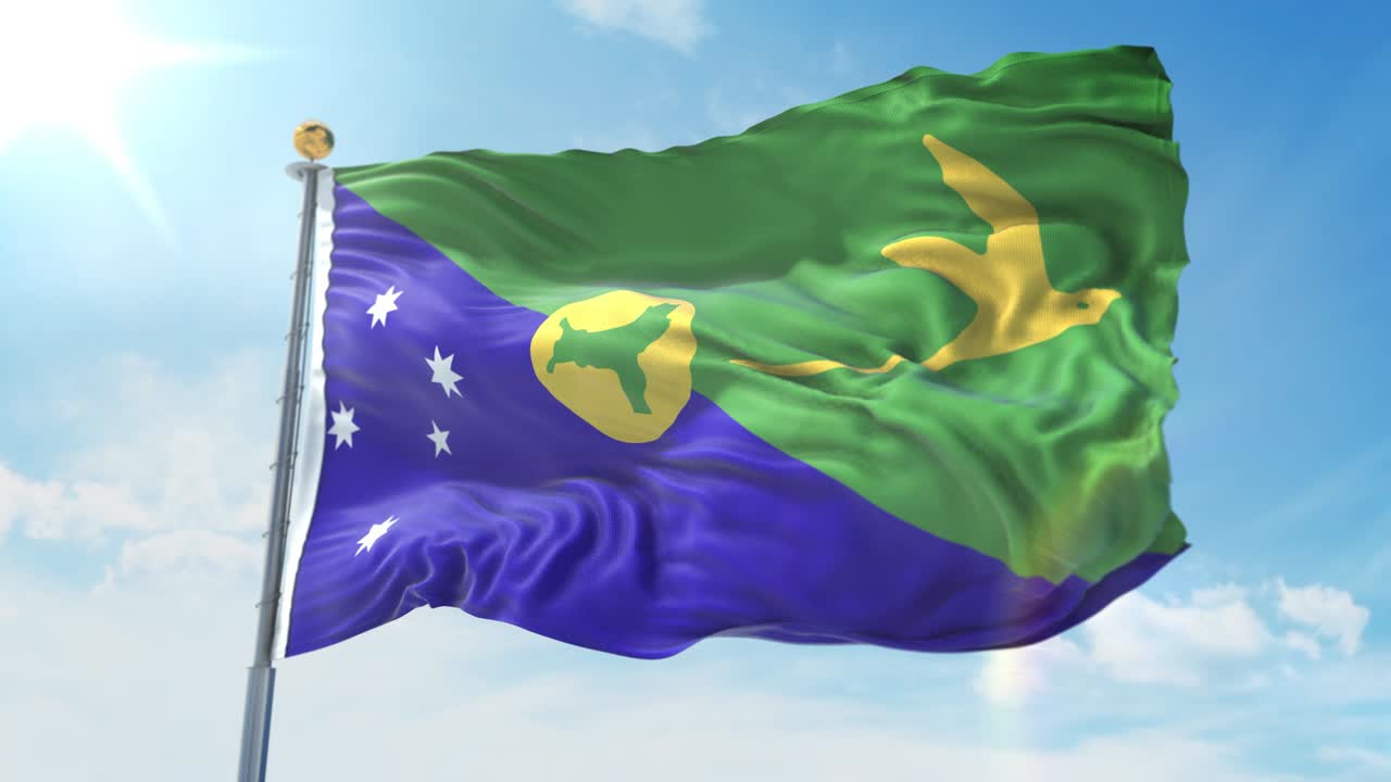 la bandera de la isla de navidad ondeando en el viento contra el cielo azul profundo. tema nacional, concepto internacional. renderización 3d de bucle sin costuras 4k