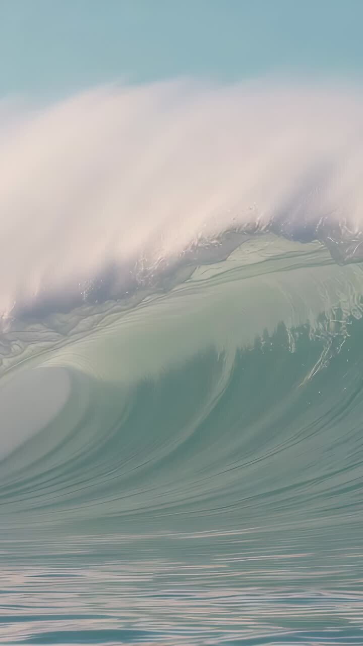 Vertical video: Swell pushing turquoise ocean wave curling into barrel at sea, showing white spray