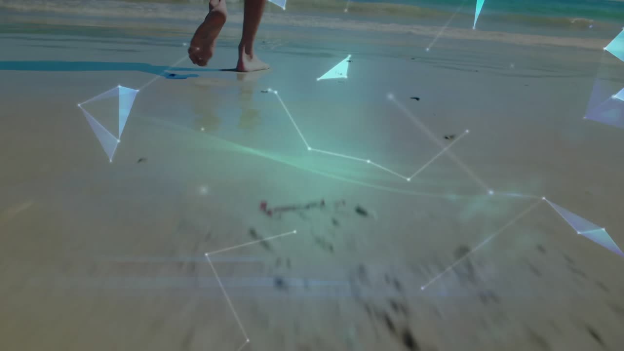 Beach footsteps activating network graphics forming holographic globe around legs mapping data flow
