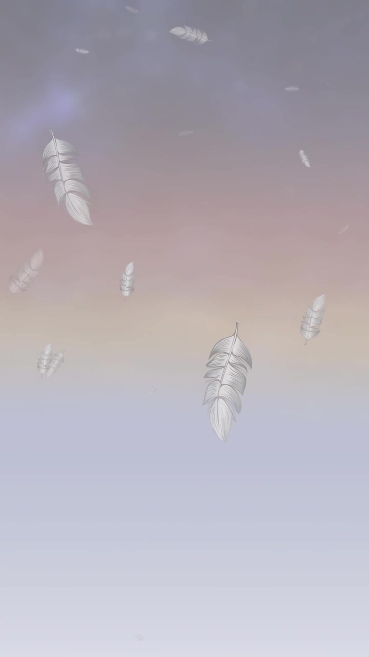 Animation af hvide fuglefjer, der falder over skyet solnedgangsbaggrund
