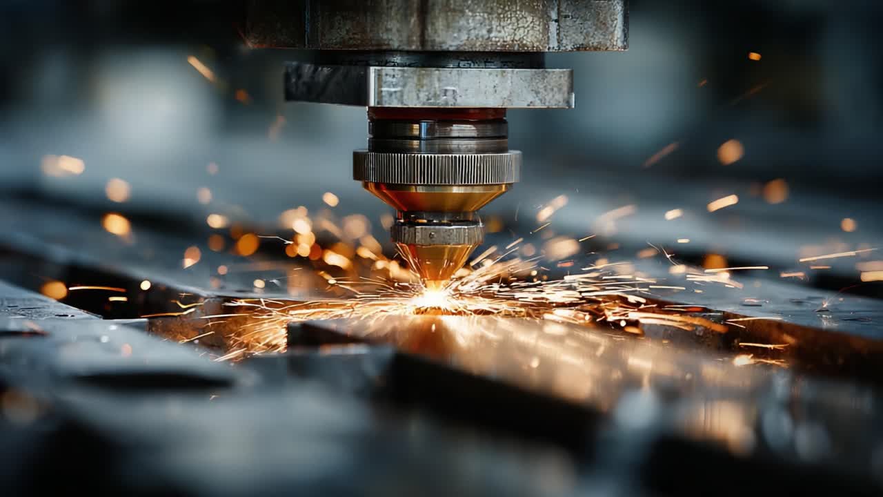 Processus de découpe laser de haute précision révélant des étincelles et une inflammation sur une surface métallique, avec un focus sur des machines industrielles en action