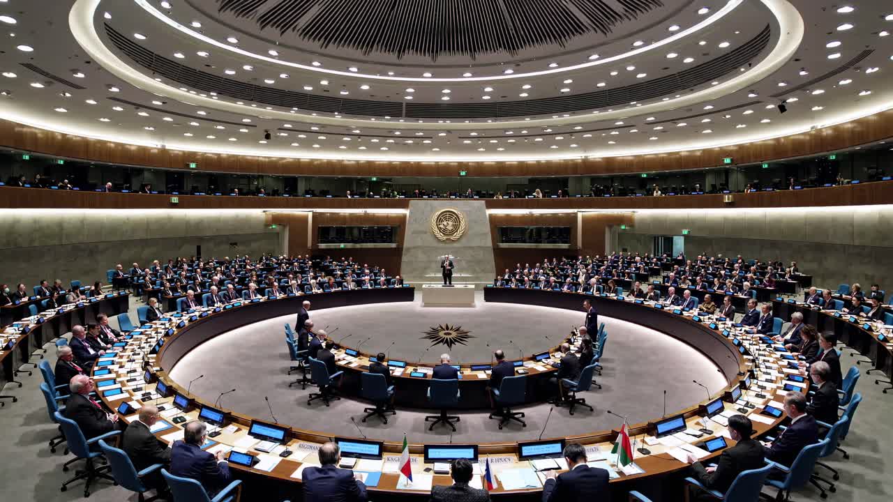 Scatto grandangolare di un'ampia sala conferenze circolare piena di delegati, che cattura un'atmosfera formale