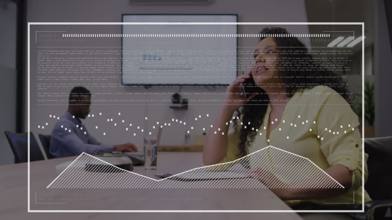 Animation of data processing over biracial woman with documents discussing with colleagues at office