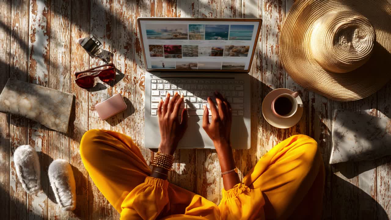 A serene moment captured of a person working calmly on a laptop while sitting cross-legged, surrounded by cozy items like a hat, coffee, and stylish accessories on a sunny day