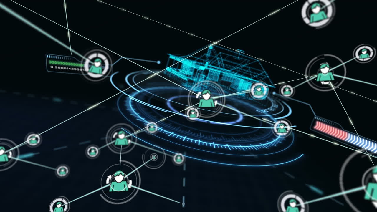 Network of profile icons against round scanner and 3d house model spinning on black background
