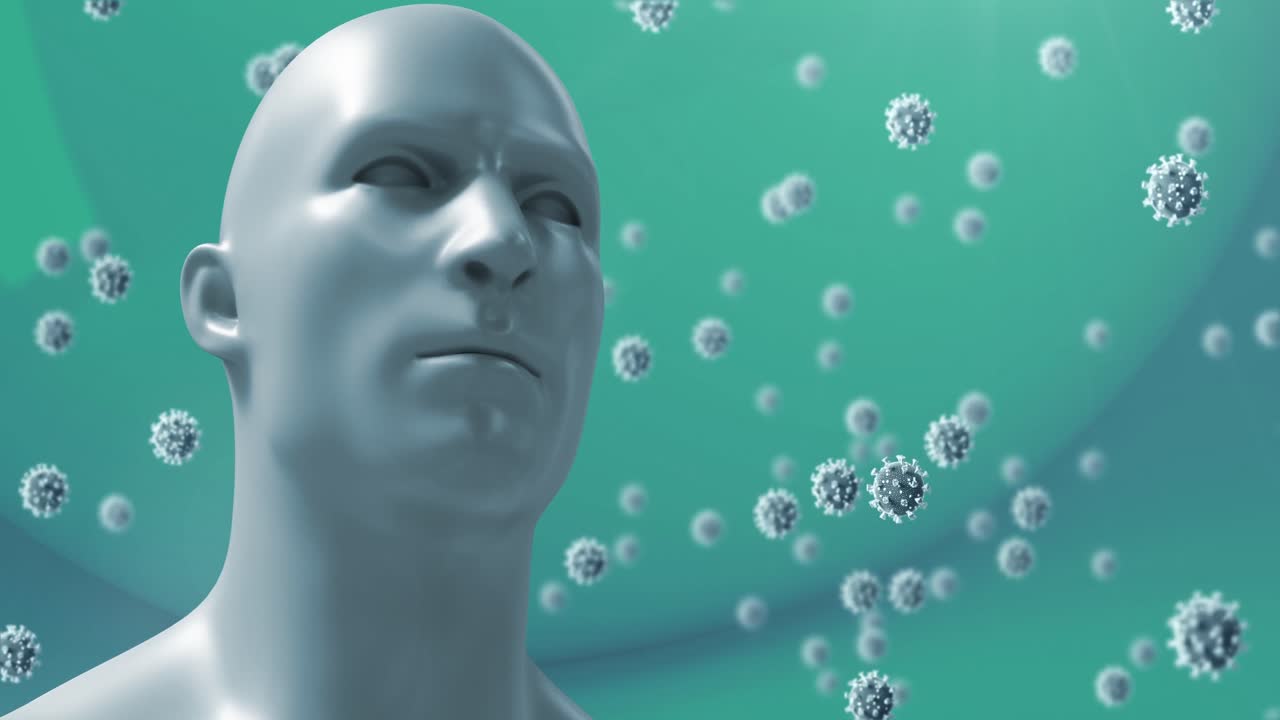 파란색 배경에 떠다니는 인간 얼굴 모델과 여러 코로나19 세포 아이콘의 애니메이션