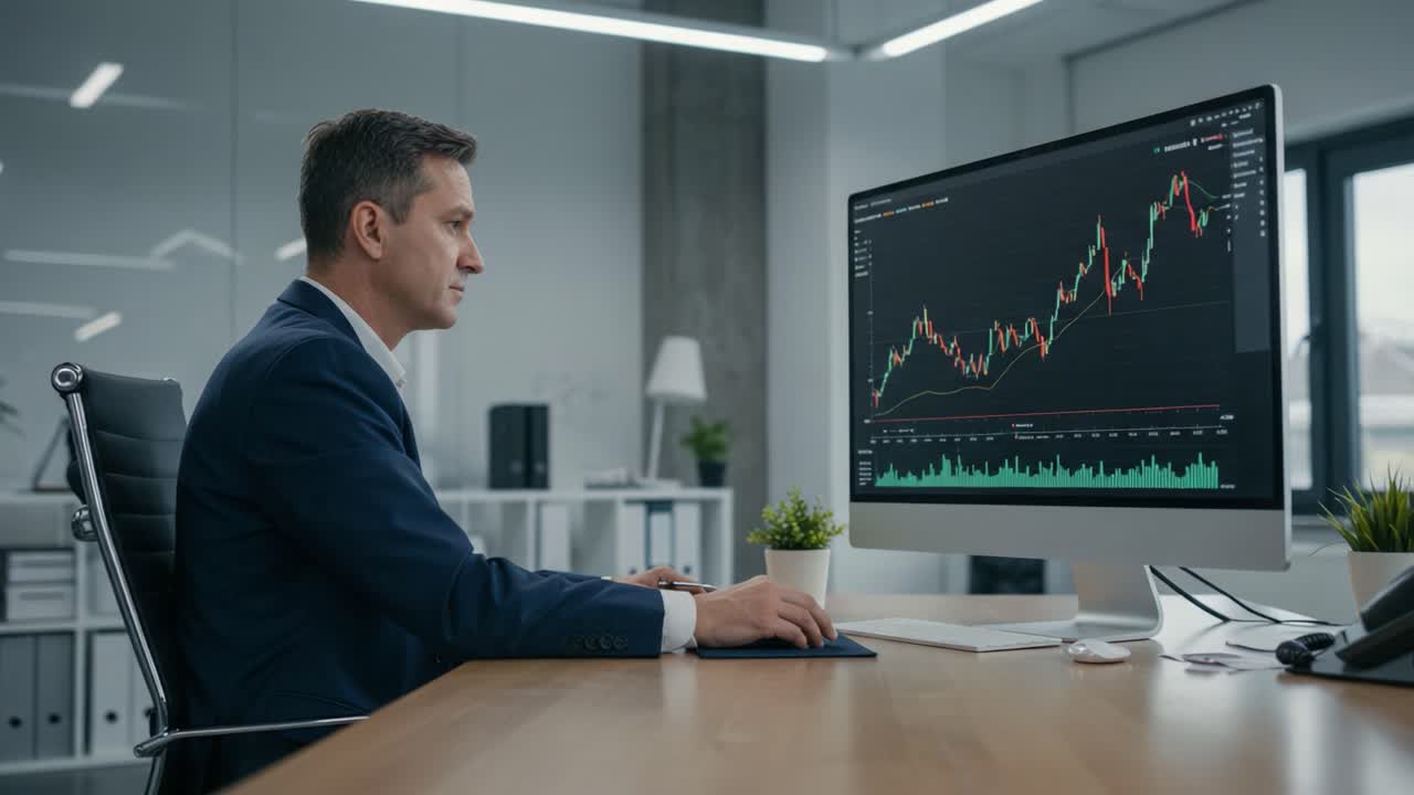Focused Business Professional Analyzing Financial Market Trends on a High-Resolution Computer Screen in an Elegant Office Setting with Modern Decor