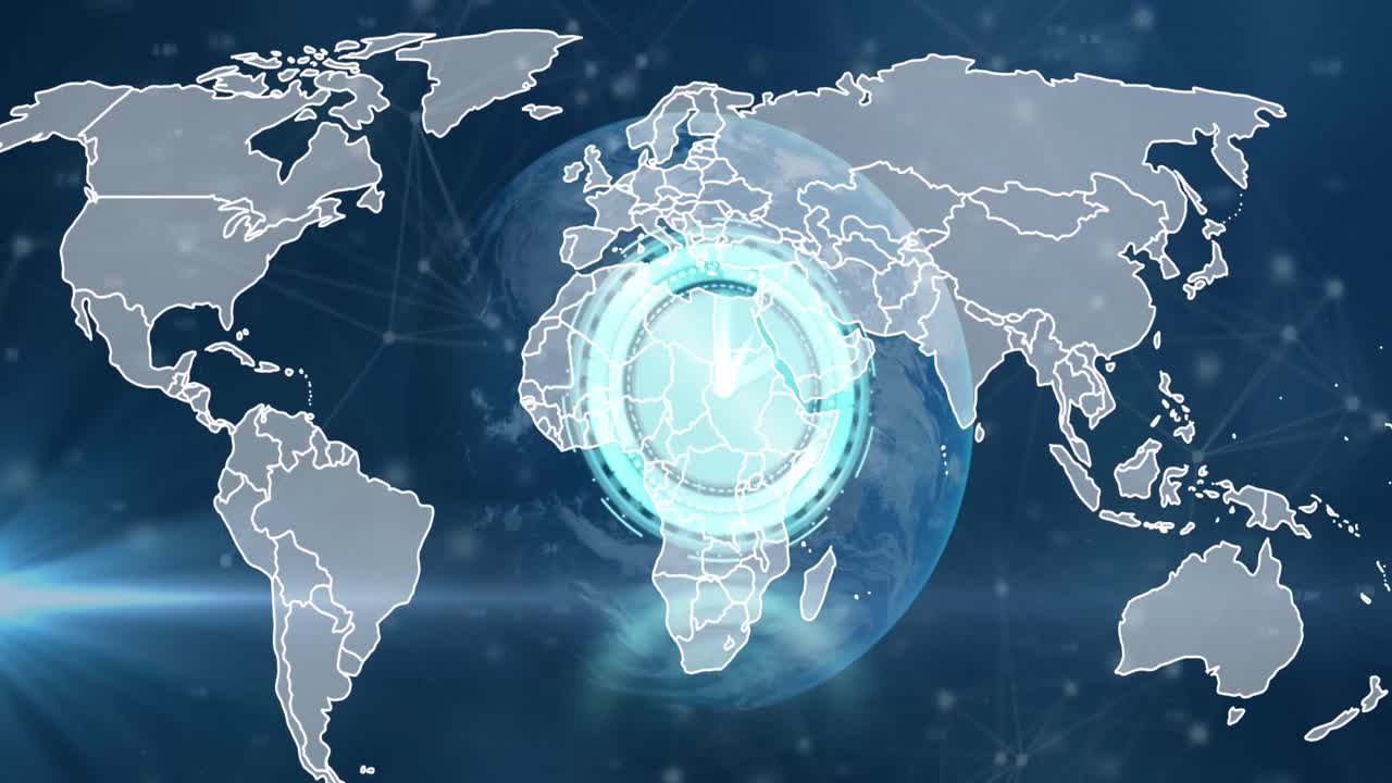 세계, 세계 지도, 시계 및 해군 배경에 대한 연결의 애니메이션