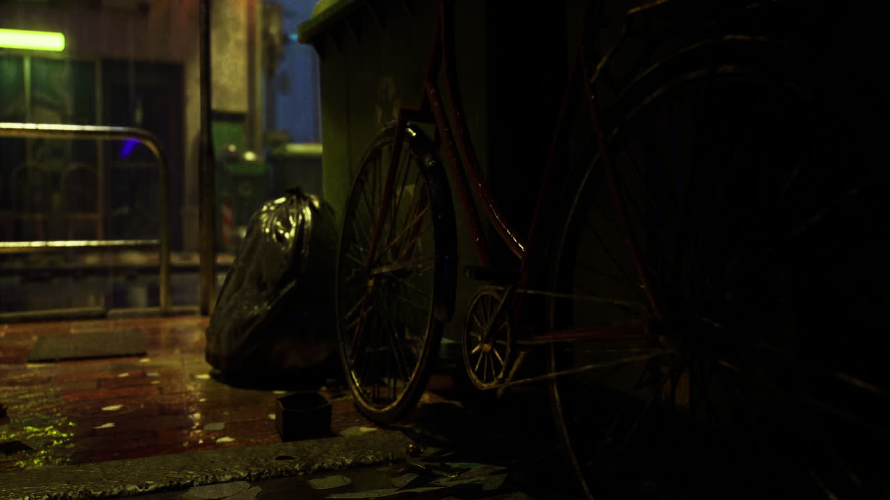 Exploring a dimly lit urban alley after rainfall at night