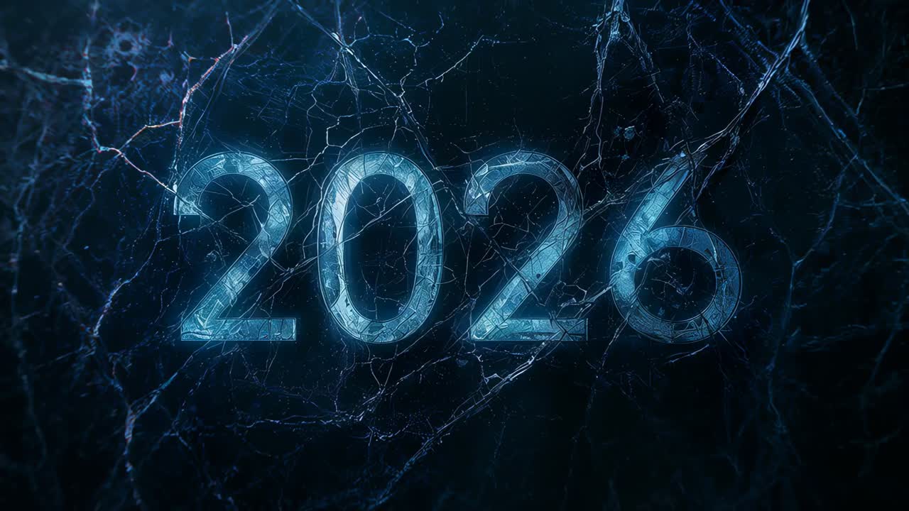 Sequenza che inizia illuminandosi nel 2026 raggiungendo il picco su uno sfondo scuro da studio con circuito, venature di marmo, polvere