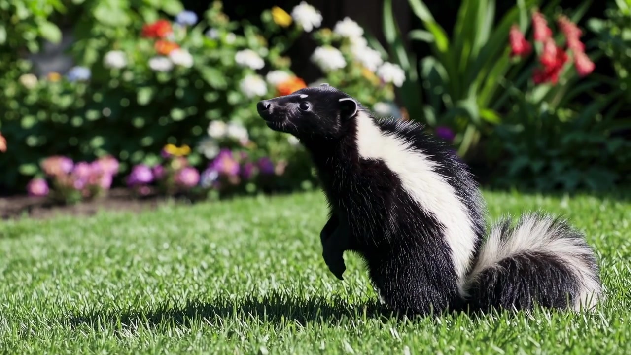Striped Skunk Standing Up in a Garden