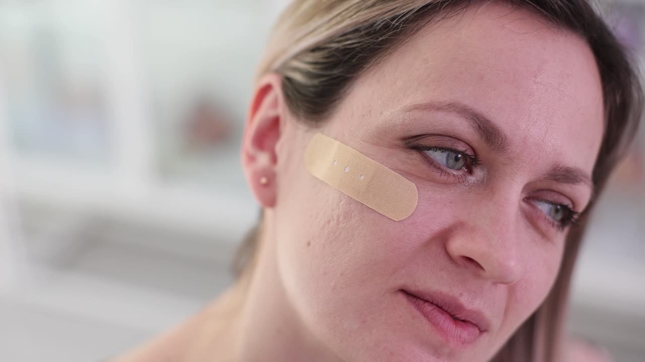 Applying a medical bandage to a woman's face