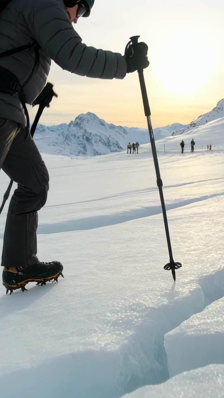 Video verticale: Di fronte a un crepaccio, un uomo con casco usa i bastoncini e cammina sulla neve verso un gruppo, spazio per il testo.