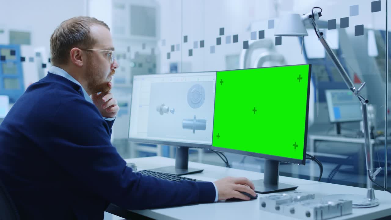 ingegnere maschio che lavora su un computer personale, due schermi di monitor mostrano la schermata verde della chiave croma e il software cad con modello 3d del meccanismo dei macchinari industriali. lavorando in una fabbrica moderna