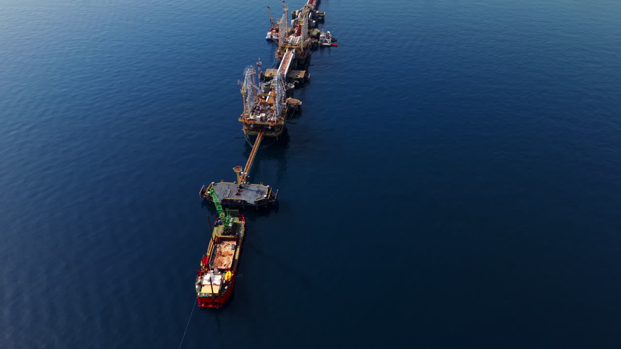 Drone orbiting shot over Sicilian offshore oil refinery terminal with ships and sea structures