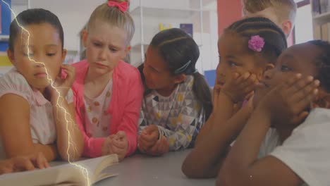 animation of lightning over diverse schoolchildren and teacher