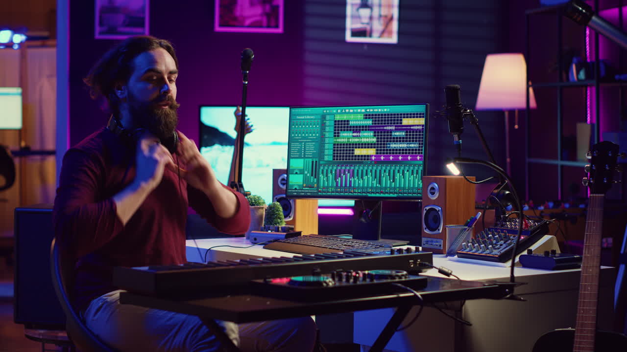 Sound engineer playing electronic piano keyboard and recording sounds