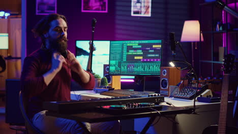 Ingeniero-De-Sonido-Tocando-El-Teclado-De-Un-Piano-Electrónico-Y-Grabando-Sonidos