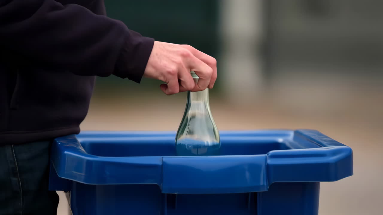 A person recycles glass bottles into a blue recycling bin