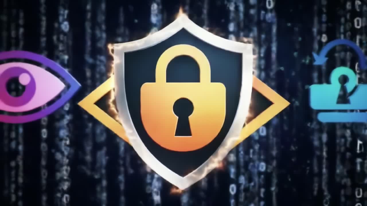 Dynamic Cybersecurity Visuals: A Journey through Protection, Privacy, and Data Safety Illustrated with Innovative Shield and Lock Designs Against a Digital Backdrop