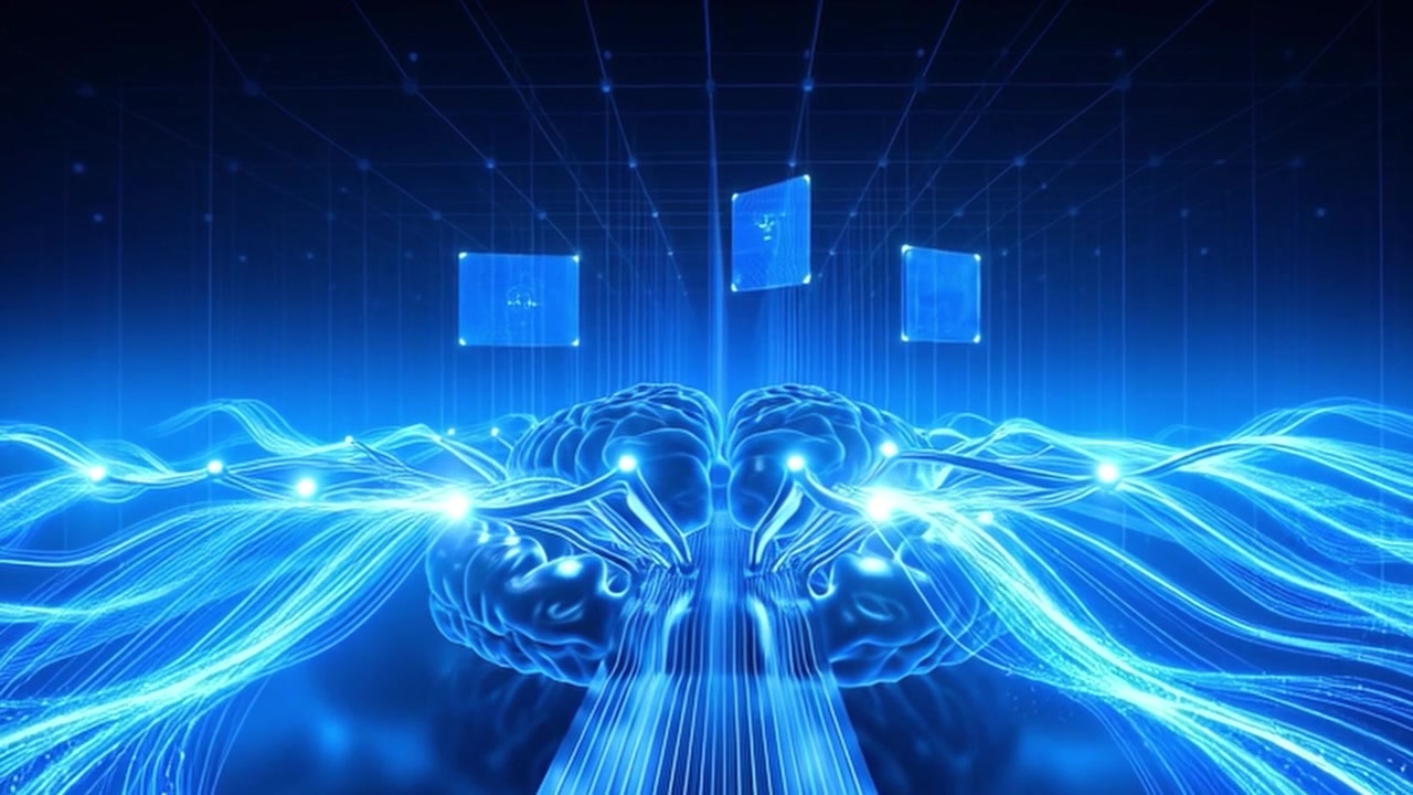 Digital Brain Model with Glowing Neural Network Connections