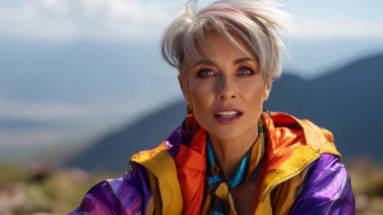 Ritratto vivido di una donna con capelli argentati e abiti colorati nella natura, che cattura un momento di forza ed eleganza su uno sfondo panoramico