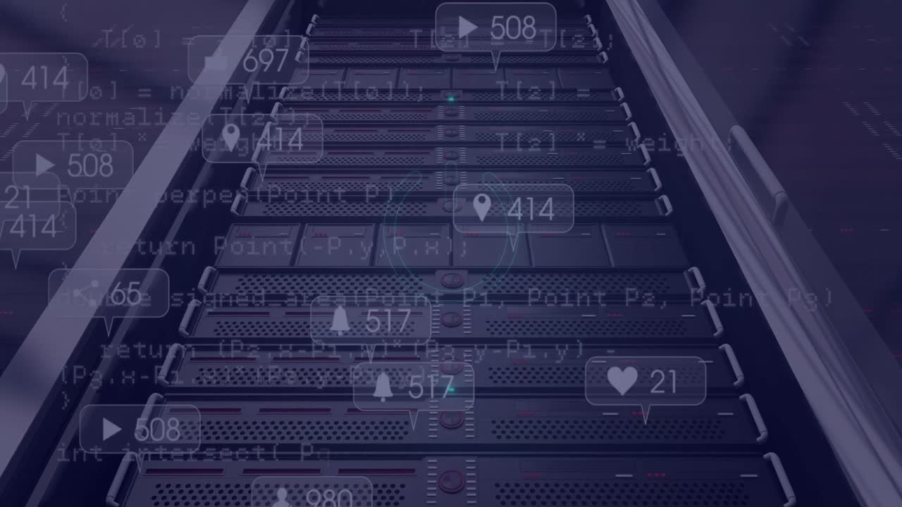 Animation of neon circle with power over servers and social media reactions