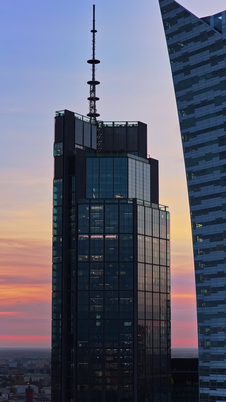 Aerial drone view of the distinctive angular Skyliner skyscraper, located at Rondo Daszynskiego in the rapidly developing Warsaw business district. Vertical