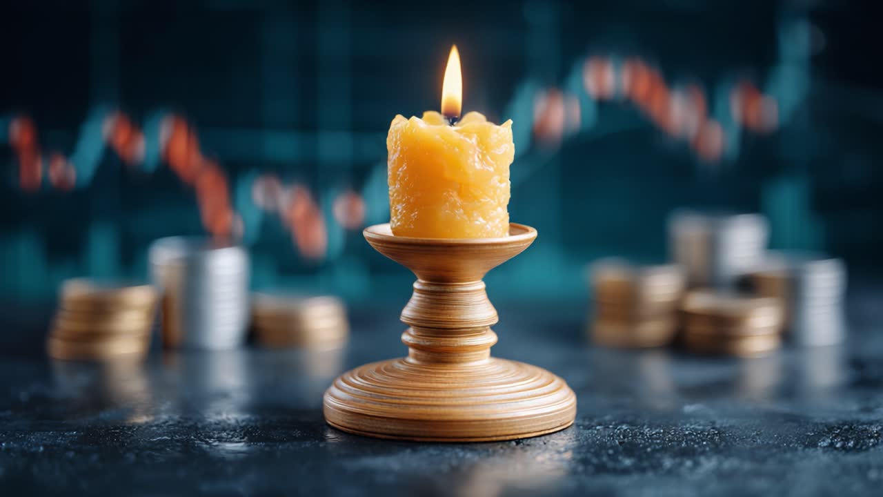 Una candela affascinante illumina un ambiente finanziario moderno con monete scintillanti e grafici dinamici sullo sfondo, a simboleggiare prosperità e riflessione