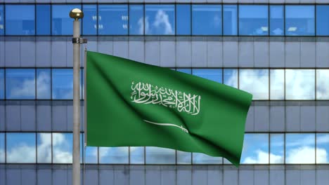 3d illustration kingdom saudi arabia flag waved in modern city. tower ksa