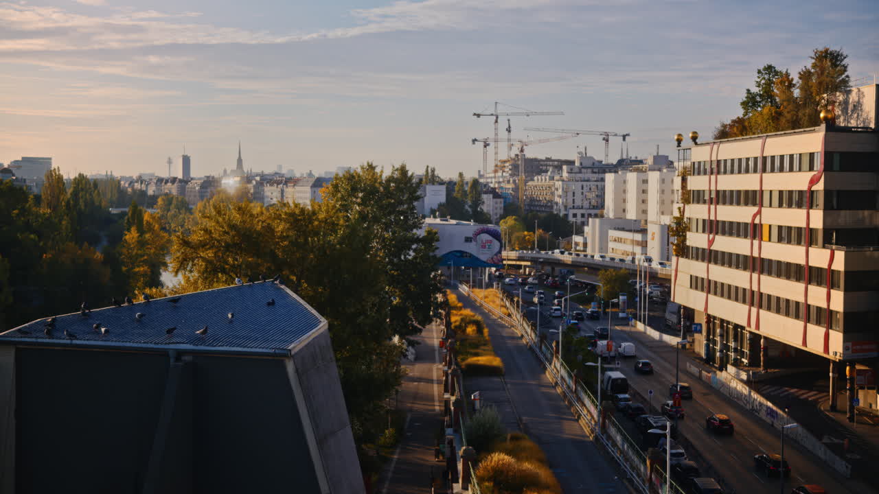 una bandada de palomas se reúne a la sombra en la cima de un edificio en viena mientras el tráfico pasa a toda velocidad en la hora dorada.