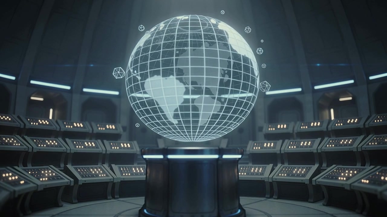 Activating central pedestal holo globe rotating in control room, orbiting nodes for monitoring