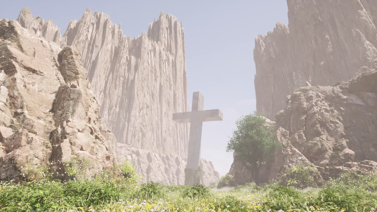 거대한 가파른 절벽 사이의 큰 십자가, 주변에 풀과 덤불, 3d 애니메이션 카메라 돌리가 천천히 앞으로